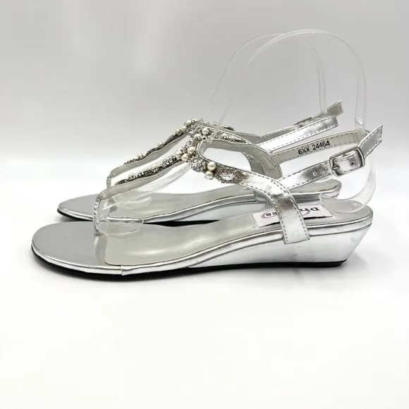 6.5W 6.5 WIDE Dyeables Silver Jeweled T-Strap Low Wedge Dress Sandals Shoes