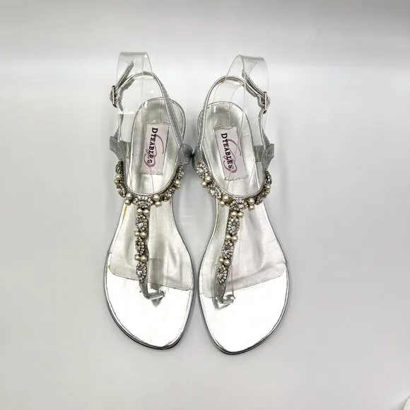 6.5W 6.5 WIDE Dyeables Silver Jeweled T-Strap Low Wedge Dress Sandals Shoes