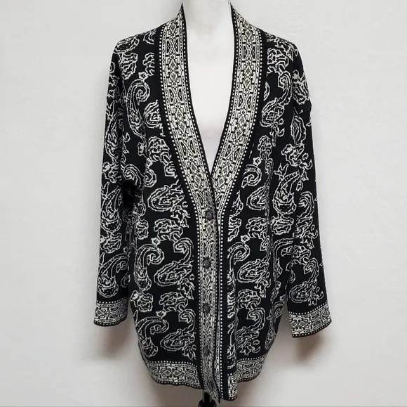 80s Vintage JNY Punk Paisley Mosaic Lambswool Knit Button Up Oversized Cardigan