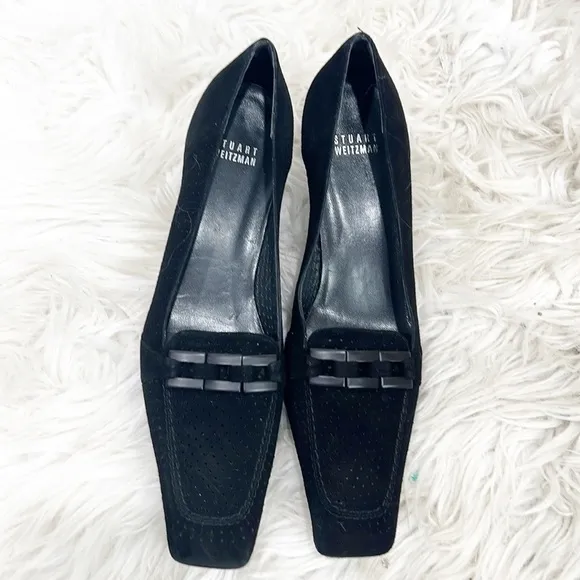 90S Vintage Stuart Weitzman Black Suede Perforated Loafers 8.5 Narrow 8 1/2