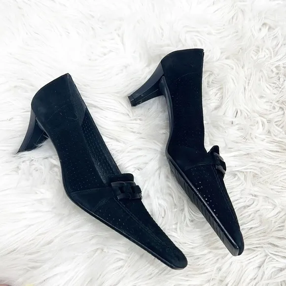 90S Vintage Stuart Weitzman Black Suede Perforated Loafers 8.5 Narrow 8 1/2