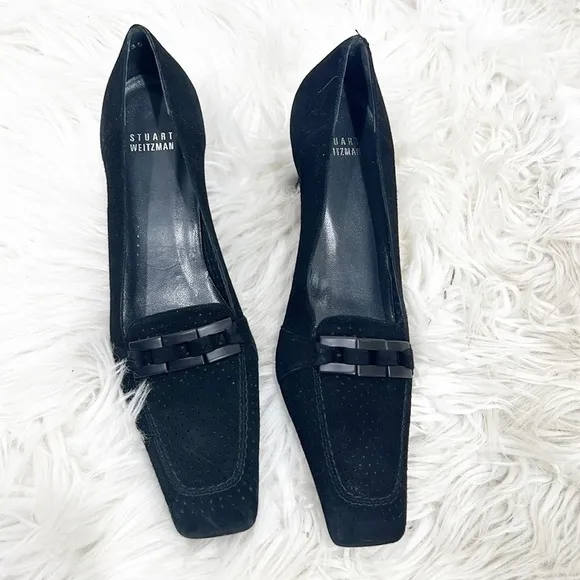 90S Vintage Stuart Weitzman Black Suede Perforated Loafers 8.5 Narrow 8 1/2