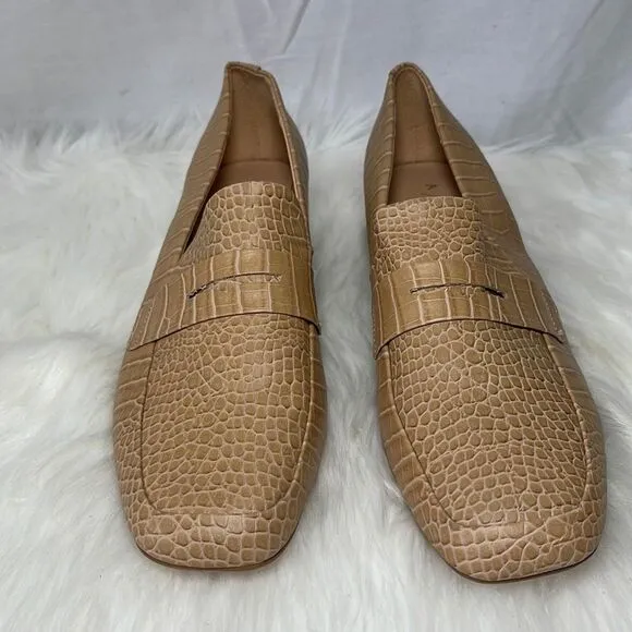 A/Anthropologie NWOT Hadley Tan Embossed Croc Penny Loafers Sz 9