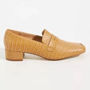 A/Anthropologie NWOT Hadley Tan Embossed Croc Penny Loafers Sz 9