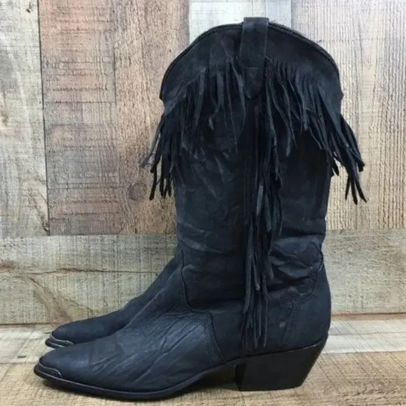 Acme Vintage Black Concho Fringe Mid Calf Heeled Boots Womens 7M Cowboy‎ Western
