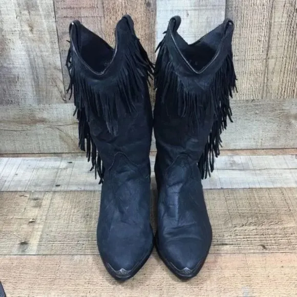 Acme Vintage Black Concho Fringe Mid Calf Heeled Boots Womens 7M Cowboy‎ Western