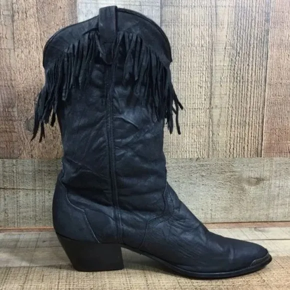 Acme Vintage Black Concho Fringe Mid Calf Heeled Boots Womens 7M Cowboy‎ Western