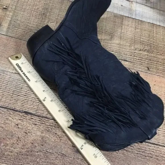 Acme Vintage Black Concho Fringe Mid Calf Heeled Boots Womens 7M Cowboy‎ Western