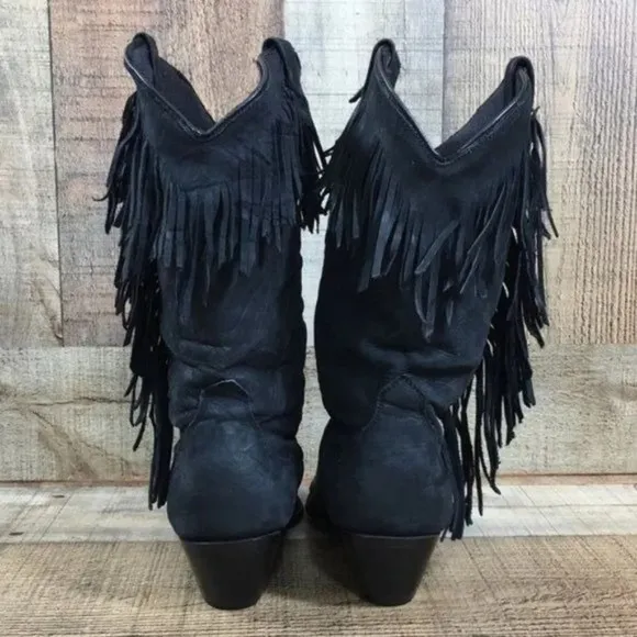 Acme Vintage Black Concho Fringe Mid Calf Heeled Boots Womens 7M Cowboy‎ Western