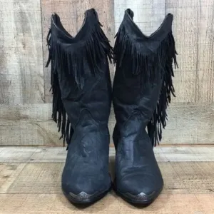 Acme Vintage Black Concho Fringe Mid Calf Heeled Boots Womens 7M Cowboy‎ Western