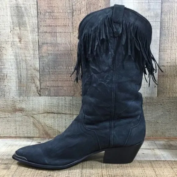 Acme Vintage Black Concho Fringe Mid Calf Heeled Boots Womens 7M Cowboy‎ Western