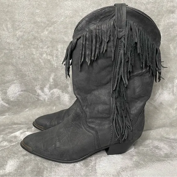 Acme Vintage Concho Fringe Suede Boots Chunky Stacked Heel Western Pointed Toe 7