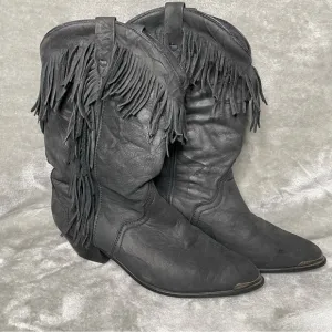 Acme Vintage Concho Fringe Suede Boots Chunky Stacked Heel Western Pointed Toe 7