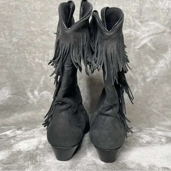 Acme Vintage Concho Fringe Suede Boots Chunky Stacked Heel Western Pointed Toe 7