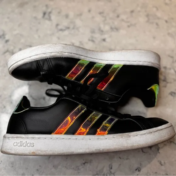 Adidas Grand Court Womens Sz 9.5 Shoes Black Iridescent Classic Low Top Sneakers