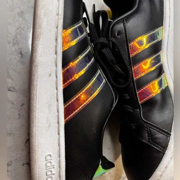 Adidas Grand Court Womens Sz 9.5 Shoes Black Iridescent Classic Low Top Sneakers