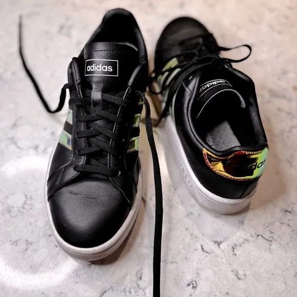 Adidas Grand Court Womens Sz 9.5 Shoes Black Iridescent Classic Low Top Sneakers