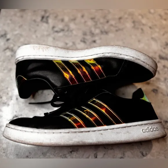 Adidas Grand Court Womens Sz 9.5 Shoes Black Iridescent Classic Low Top Sneakers