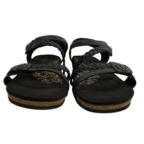 Aetrex Jillian Braided Wedge Sandals‎ Women's Black Leather Comfort Shoes Size 7