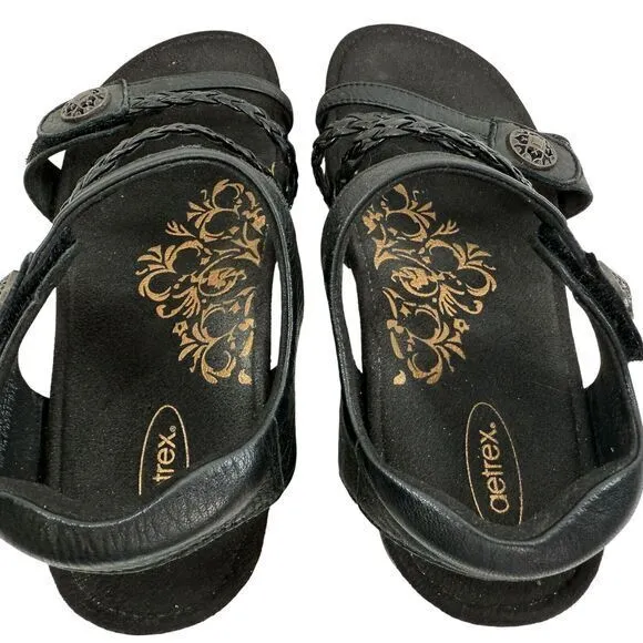 Aetrex Jillian Braided Wedge Sandals‎ Women's Black Leather Comfort Shoes Size 7