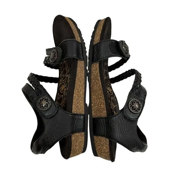 Aetrex Jillian Braided Wedge Sandals‎ Women's Black Leather Comfort Shoes Size 7