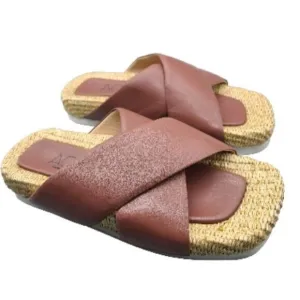 AGL Sandals Womens Sz 40 10 Strappy Slip On Flats Comfort Leather raffia New