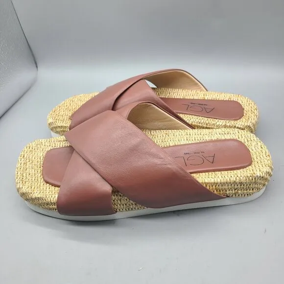 AGL Sandals Womens Sz 40 10 Strappy Slip On Flats Comfort Leather raffia New