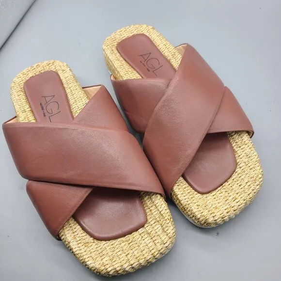 AGL Sandals Womens Sz 40 10 Strappy Slip On Flats Comfort Leather raffia New