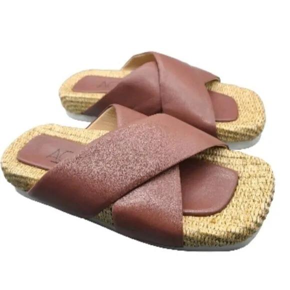 AGL Sandals Womens Sz 40 10 Strappy Slip On Flats Comfort Leather raffia New