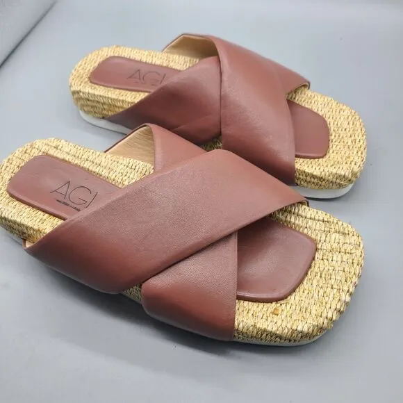 AGL Sandals Womens Sz 40 10 Strappy Slip On Flats Comfort Leather raffia New