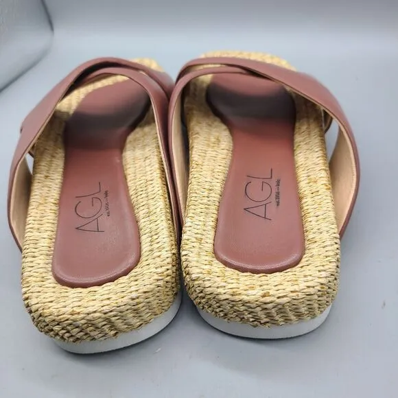 AGL Sandals Womens Sz 40 10 Strappy Slip On Flats Comfort Leather raffia New