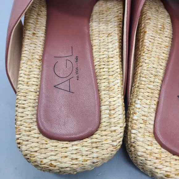 AGL Sandals Womens Sz 40 10 Strappy Slip On Flats Comfort Leather raffia New