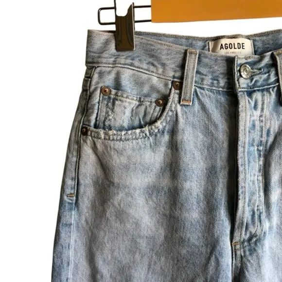 Agolde Riley High Rise Crop Jeans Light Blue Distressed Denim Size 25