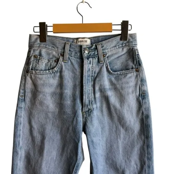 Agolde Riley High Rise Crop Jeans Light Blue Distressed Denim Size 25