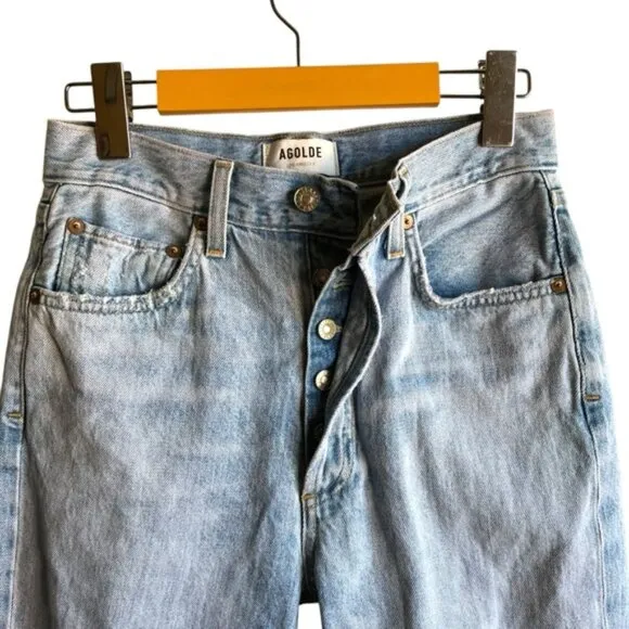 Agolde Riley High Rise Crop Jeans Light Blue Distressed Denim Size 25