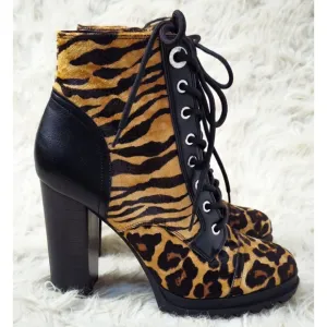 Aldo Marille Leopard Animal Print Boots Heels Ankle Booties Lace Up Brown Black