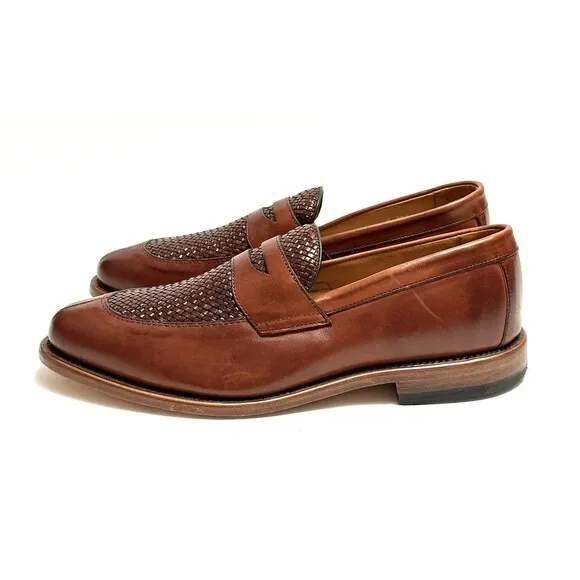 Allen Edmonds Leyland Woven Penny Loafers Split Toe Leather Shoes Brown 9