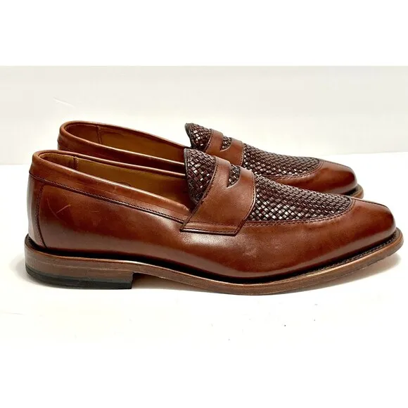 Allen Edmonds Leyland Woven Penny Loafers Split Toe Leather Shoes Brown 9