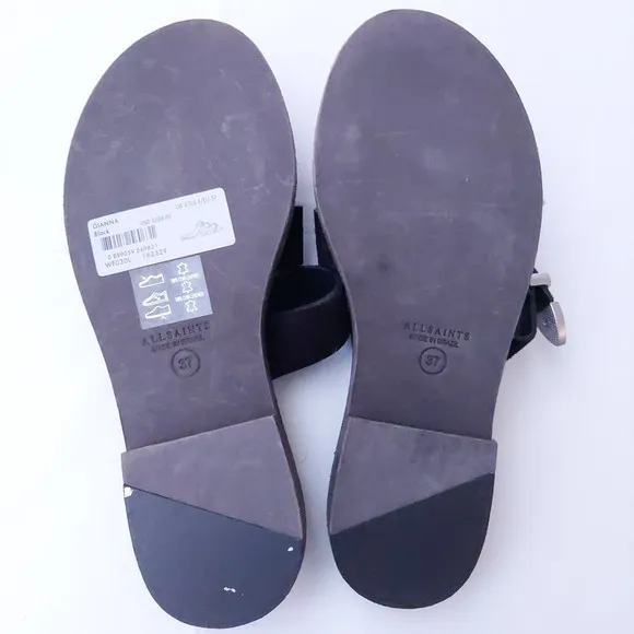 Allsaints Gianna Leather Sandals Black with Silver Tone Buckles US Women's Sz 6