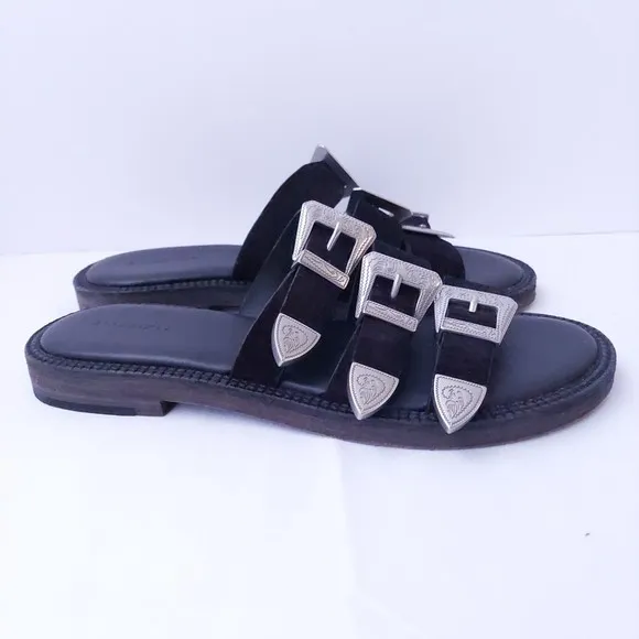Allsaints Gianna Leather Sandals Black with Silver Tone Buckles US Women's Sz 6
