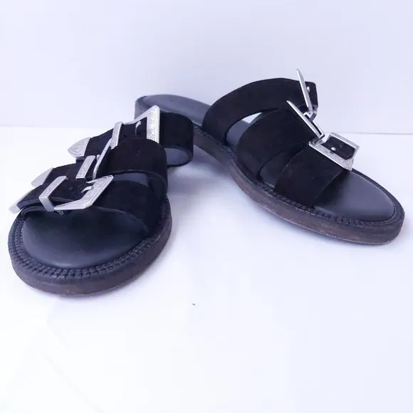 Allsaints Gianna Leather Sandals Black with Silver Tone Buckles US Women's Sz 6