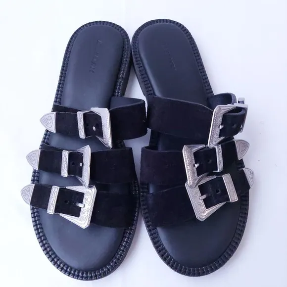 Allsaints Gianna Leather Sandals Black with Silver Tone Buckles US Women's Sz 6