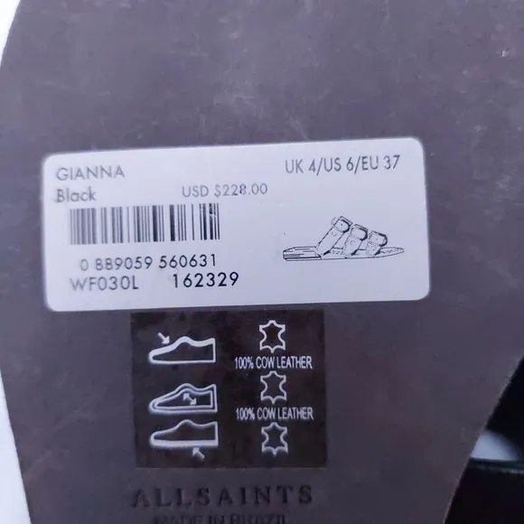 Allsaints Gianna Leather Sandals Black with Silver Tone Buckles US Women's Sz 6