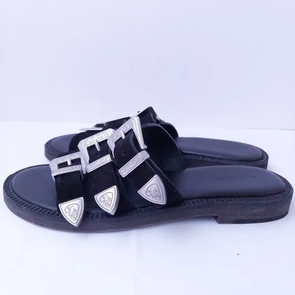 Allsaints Gianna Leather Sandals Black with Silver Tone Buckles US Women's Sz 6