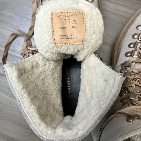 ALLSAINTS WANDA SUEDE COMBAT BOOTS SHEARLING LIND LUG SOLES 35=5