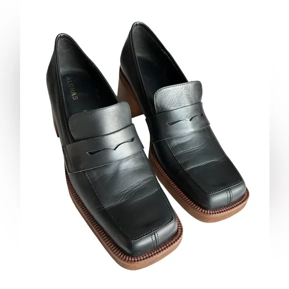 Alohas Block Heel Roxanne Black Leather Loafers