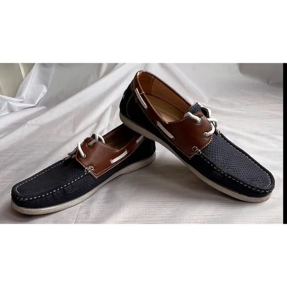 Amali Men’s Driving Moccasin Perforated Navy Brown Cushioned Foot Loafers Sz 10