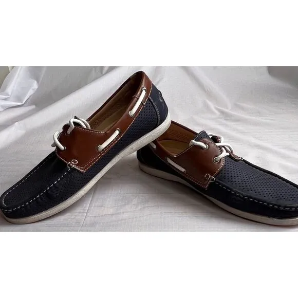 Amali Men’s Driving Moccasin Perforated Navy Brown Cushioned Foot Loafers Sz 10