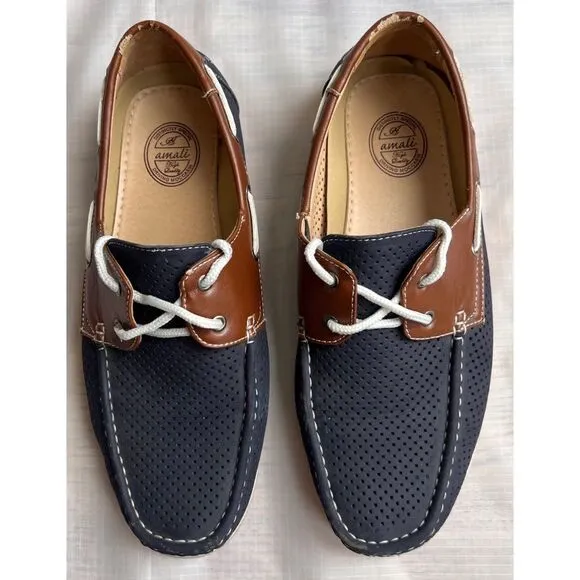 Amali Men’s Driving Moccasin Perforated Navy Brown Cushioned Foot Loafers Sz 10