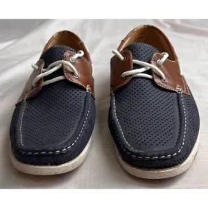 Amali Men’s Driving Moccasin Perforated Navy Brown Cushioned Foot Loafers Sz 10